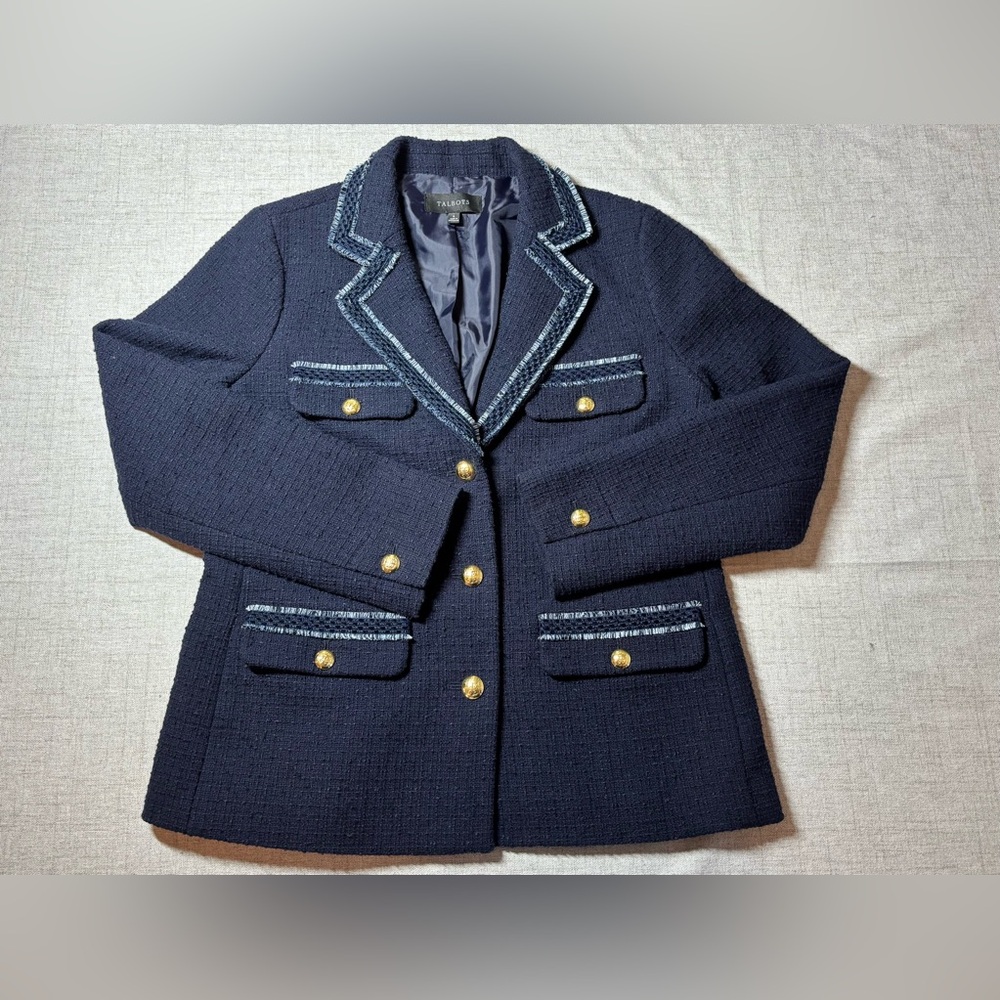 TALBOTS Women's Navy BLUE tweed blazer w/gold button, fringe accents. Size 6.